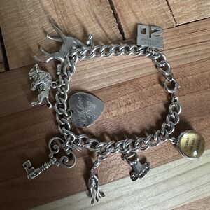 VTG Western Charm Bracelet 6.75 Inch Horse Buffalo Key Heart 925 Sterling‎ 34.8g
